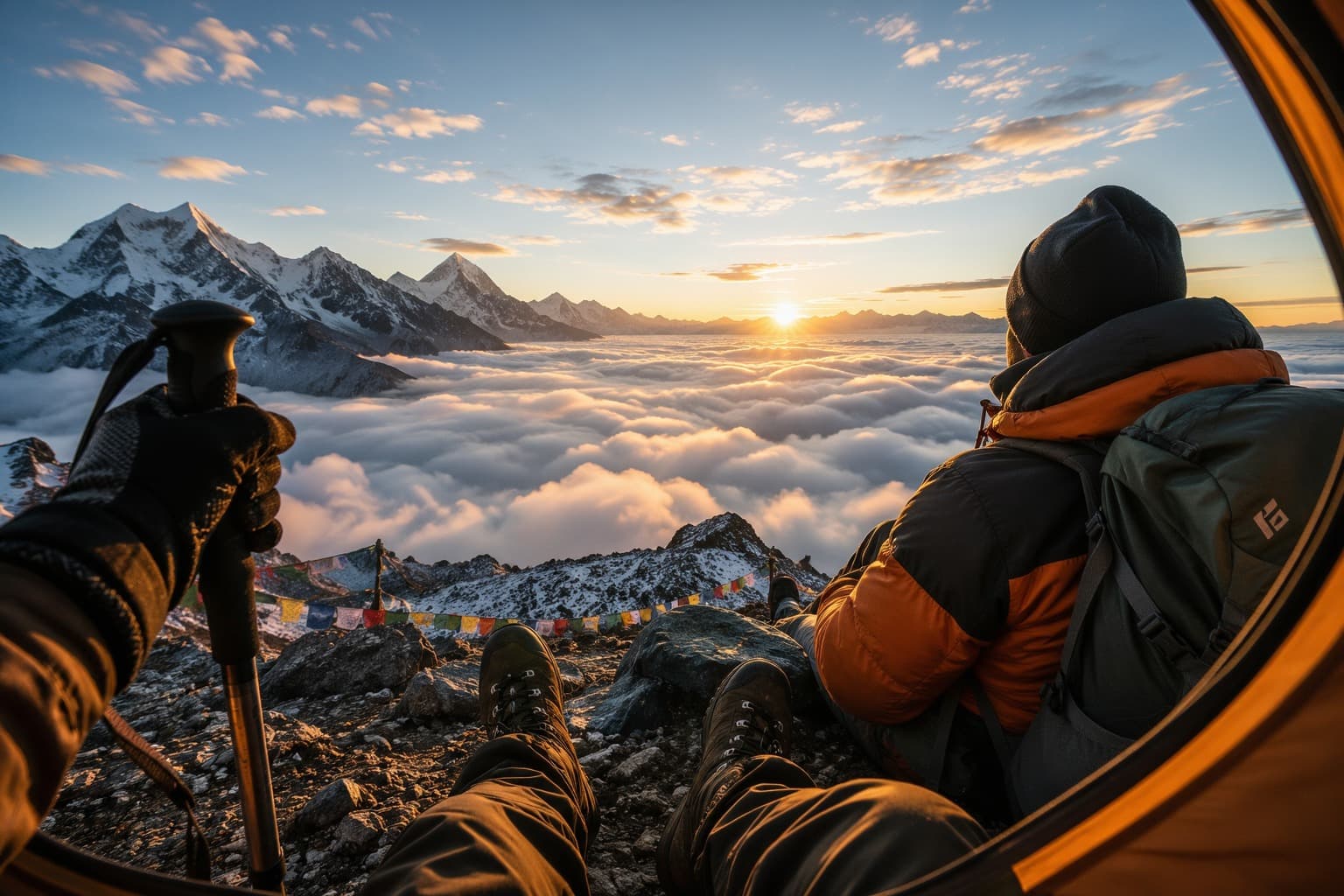 Trekker resting above the clouds in the Himalayas at sunrise