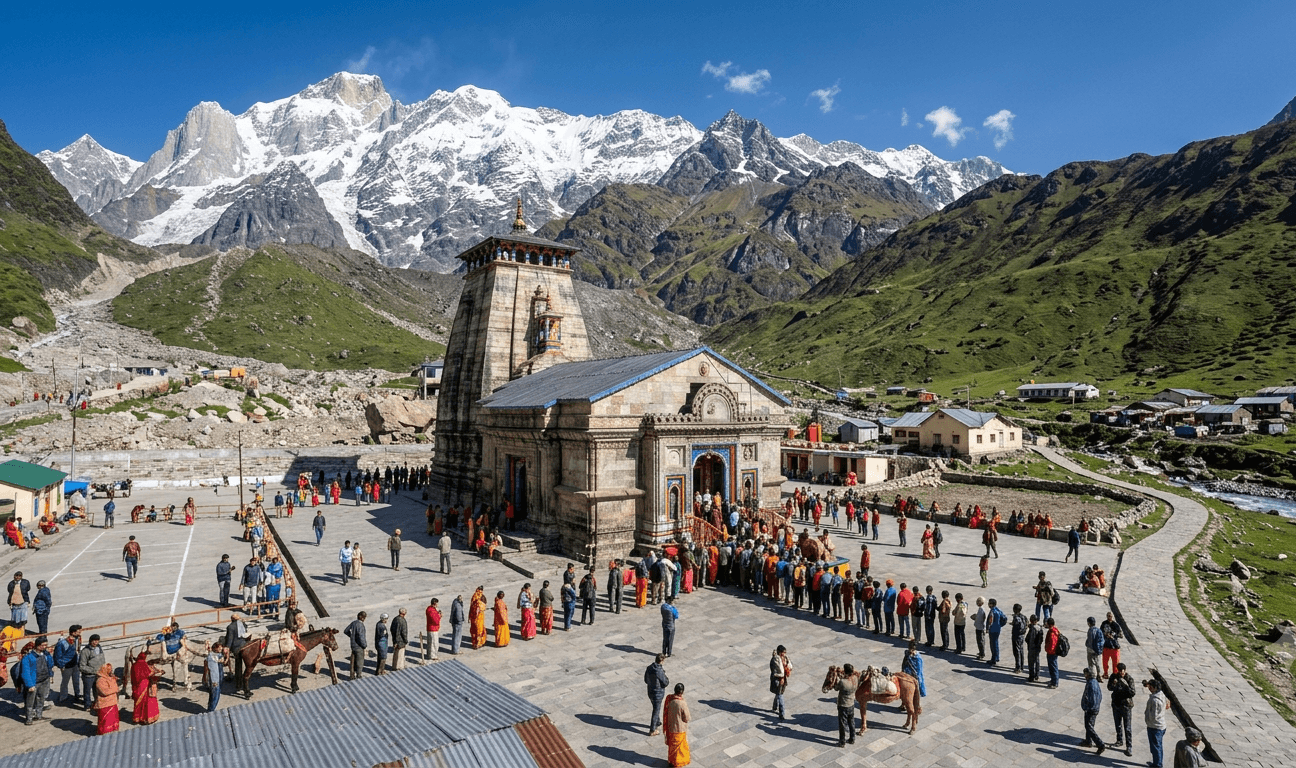 Kedarnath Temple and pilgrims with snow-capped Himalayan peaks under a clear blue sky on the 5-day BootsAndGear trek.